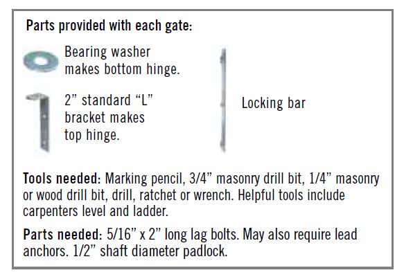 Parts Provided And Tools Needed For Single Fixed Gate Installation